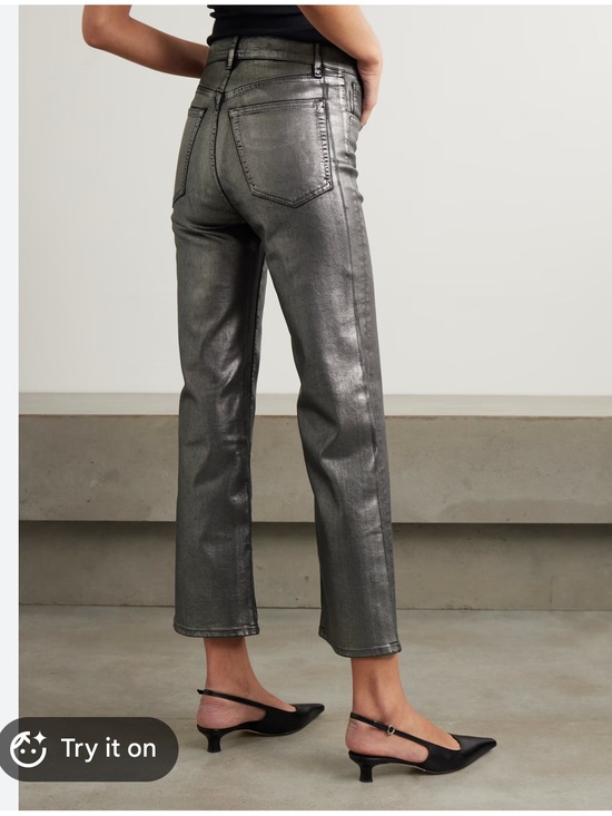 Zara Denim - Zara Metallic Coated Straight Leg Jeans - Dark Silver / Gunmetal Grey Size 2